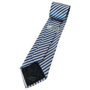 Gianni Versace Men's Tie Blue & Gold Striped Silk Italy 3.75" (W) x 58" (L) euc